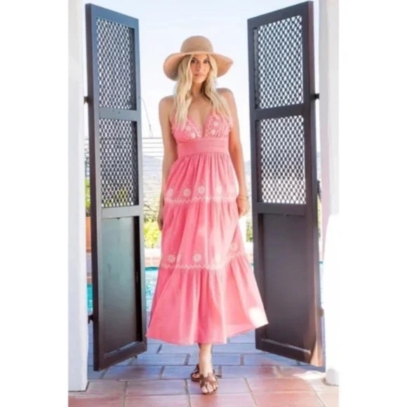 Rose Embroidered Floral Smocked Waist Gauze Summer Casual Halter Maxi Dress - Picture 5 of 7